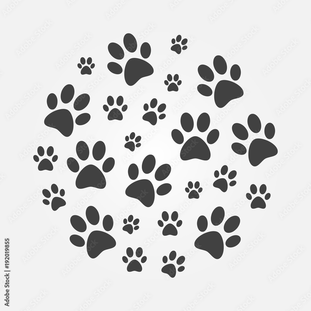 Dark paw Prints round illustration. Vector dog footprints