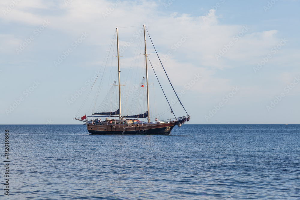 white Sailing Ship in the Bokaktorsky Bay. Montenegro.