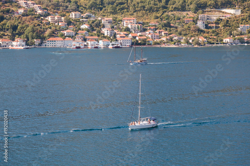 white Sailing Ship in the Bokaktorsky Bay. Montenegro.