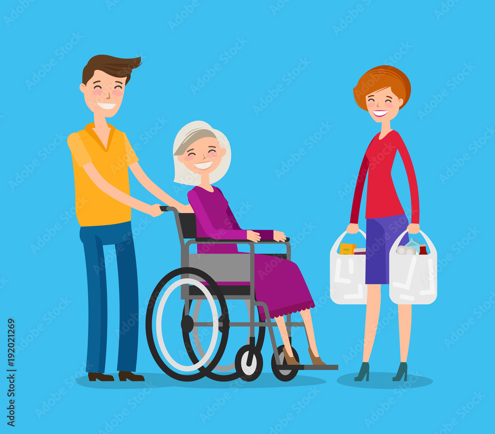 Caregiver, volunteerism. Nursing or care of patients concept. Cartoon vector illustration Caregiver, volunteerism. Nursing or care of patients concept. Cartoon vector illustration