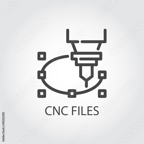 CNC files icon in line design. Computer numerical controlled machine for precise cutting, engraving and other work on hard materials. Graphic contour image. Vector illustration of laser cutting series