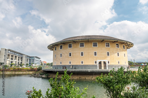 Miaoli, Taiwan - Dec 3, 2017 - Hakka Round House and Miaoli High Speed Rail Station.