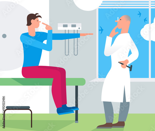 Patient doctor medical examination. Doctor neurologist examining young man for diagnosis in hospital room. Simple flat cartoon illustration