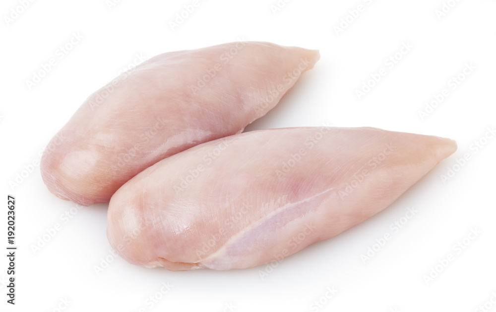 Raw skinless chicken breast fillet isolated on white background with clipping path Raw skinless chicken breast fillet isolated on white background with clipping path