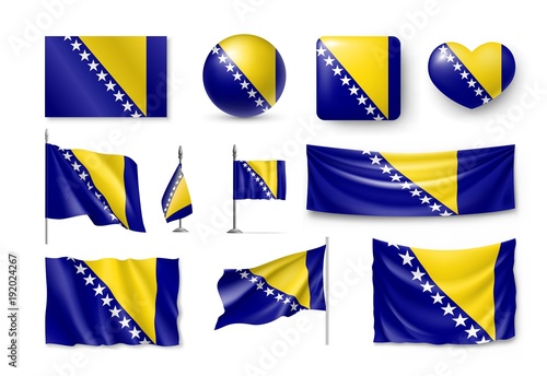 Set Bosnia and Herzegovina flags, banners, banners, symbols, flat icon. Vector illustration of collection of national symbols on various objects and state signs