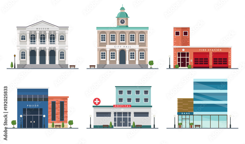 Set of city buildings - city hall, museum, police station, fire station, hospital, bank, illustration in flat style, design template - obrazy, fototapety, plakaty 