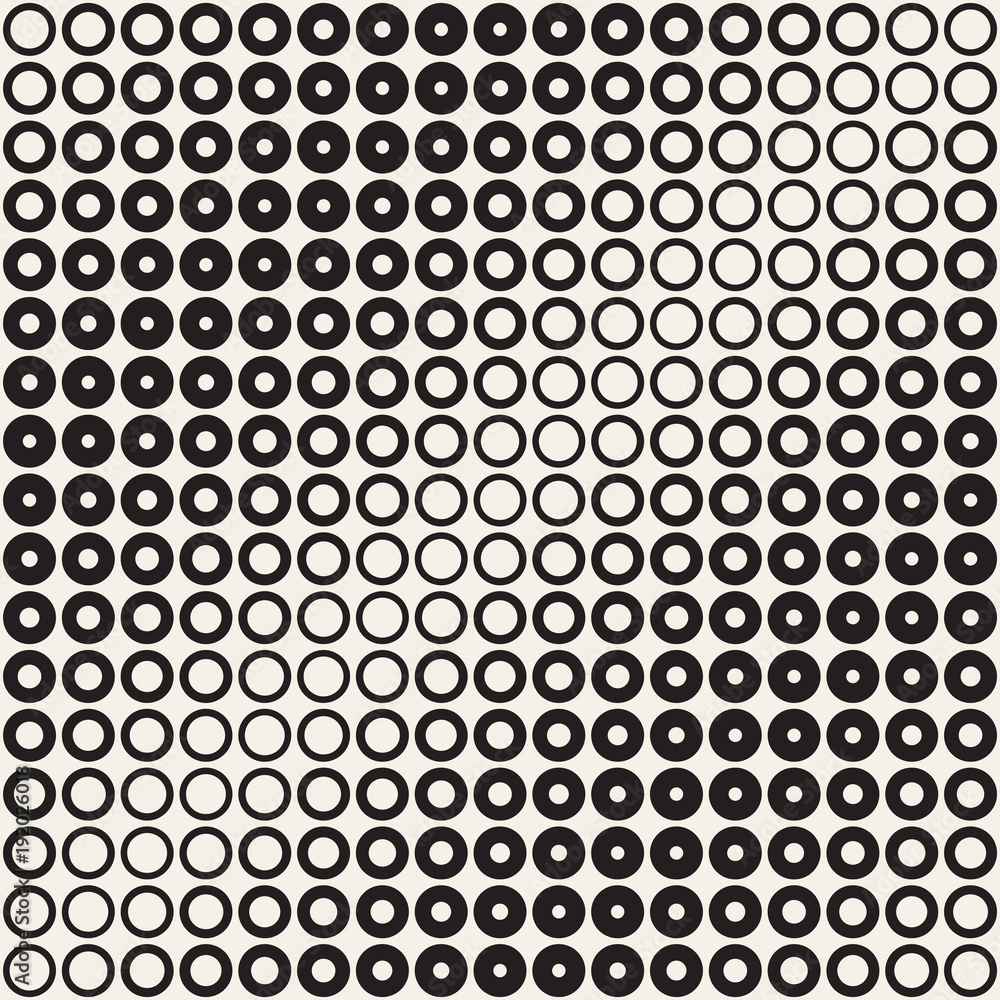 Halftone circles vector seamless pattern. Abstract geometric texture with size gradation of rings. Gradient transition effect background,