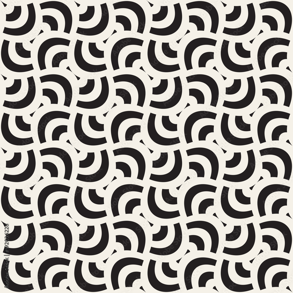 Vector geometric seamless pattern with curved shapes grid. Abstract monochrome rounded lattice texture. Modern textile background design