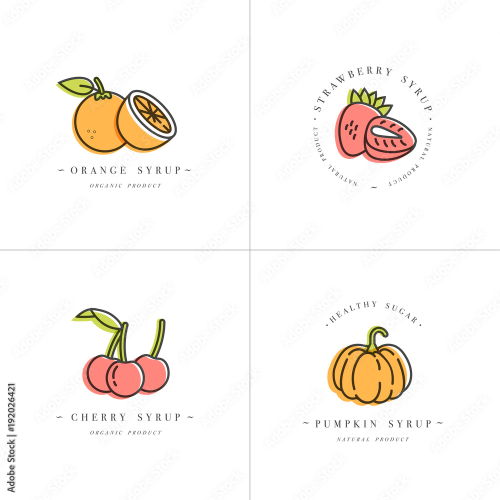 Vector set design colorful templates logo and emblems - syrups and toppings-orange, cherry, strawberry and pumpkin. Food icon. Logos in trendy linear style isolated on white background.