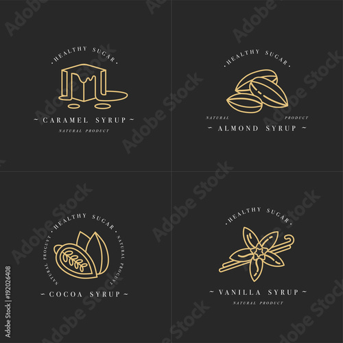 Vector set design golden templates logo and emblems - syrups and toppings-caramel, almond, cocoa, vanilla. Food icon. Logos in trendy linear style isolated on white background.