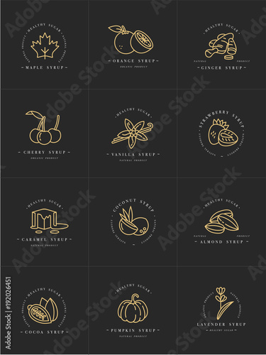 Vector set design golden templates logo and emblems - syrups and toppings. Food icon. Logos in trendy linear style isolated on white background.