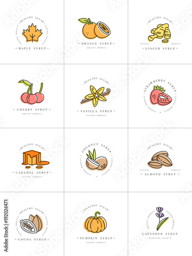 Vector set design colorful templates logo and emblems - syrups and toppings. Food icon. Logos in trendy linear style isolated on white background.