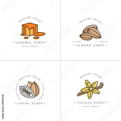 Vector set design colorful templates logo and emblems - syrups and toppings-caramel, almond, cocoa, vanilla. Food icon. Logos in trendy linear style isolated on white background.