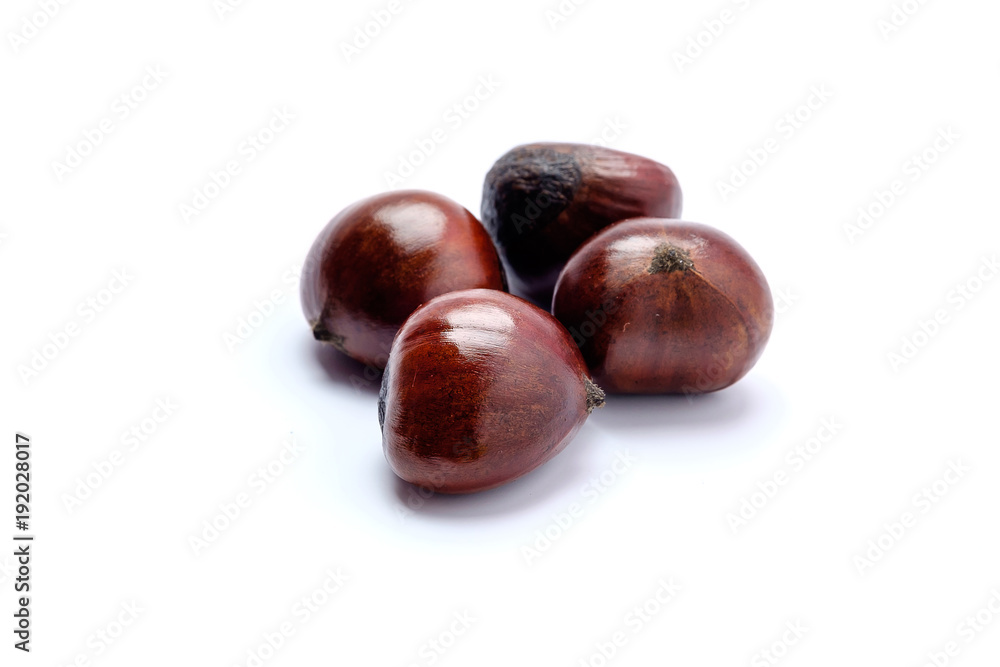 Roasted chestnuts on a white background. Roasted chestnuts on a white background.