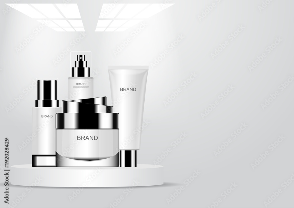 Cosmetic set on white stand and blur light from ceiling vector cosmetic ads template Cosmetic set on white stand and blur light from ceiling vector cosmetic ads template