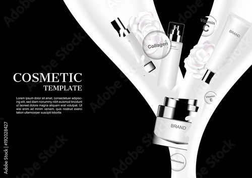Anti aging cosmetic set with pouring milk and white flowers on black background