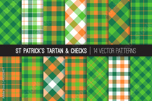St Patrick's Day Tartan Vector Patterns. Green and Orange Gingham Plaid. Irish Flag Color Backgrounds. Traditional Textile Prints. Repeating Pattern Tile Swatches Included.