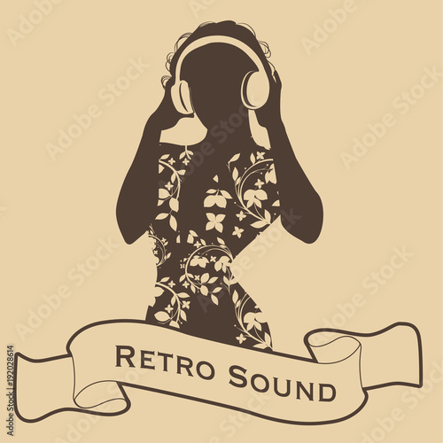 Silhouette of DJ woman retro style with headphones and ribbon on the foreground