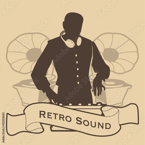 Silhouette of DJ retro style with headphones and gramophones on the background. Banner or ribbon in the foreground