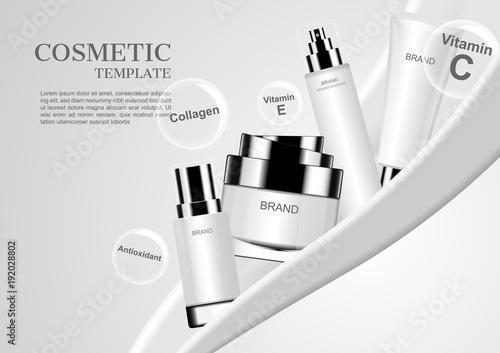 White cosmetic set and ingredients icons falling with milk