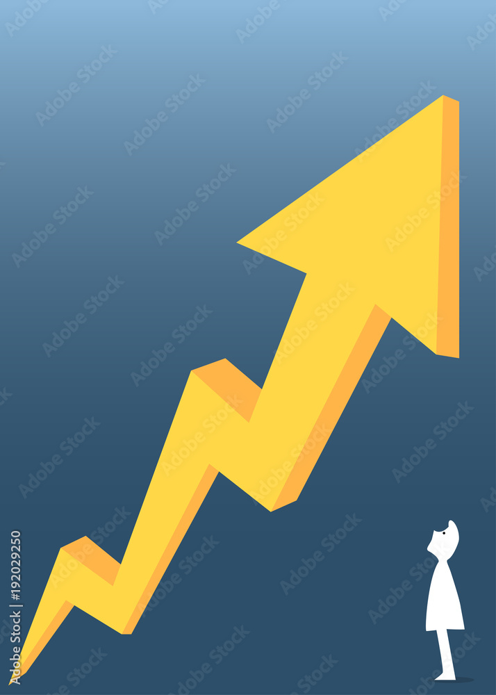Human silhoutte figure looking,at big rising arrow hoping for success Human silhoutte figure looking,at big rising arrow hoping for success