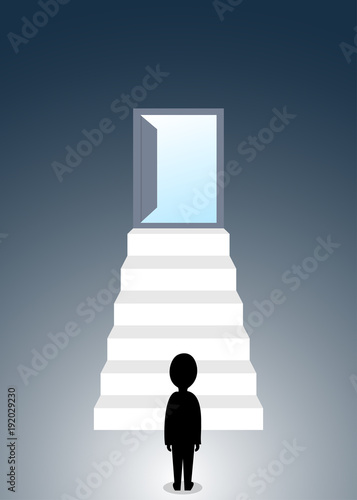 Human silhouette figure standing at the base of stair to open door in the sky