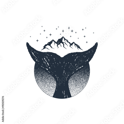 Hand drawn travel badge with whale's tail textured vector illustration.