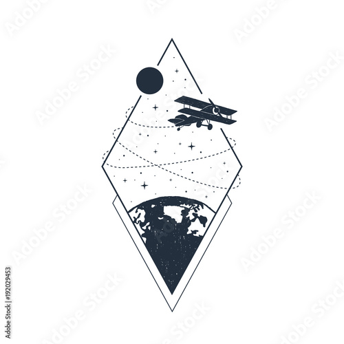 Hand drawn travel badge with biplane textured vector illustration.