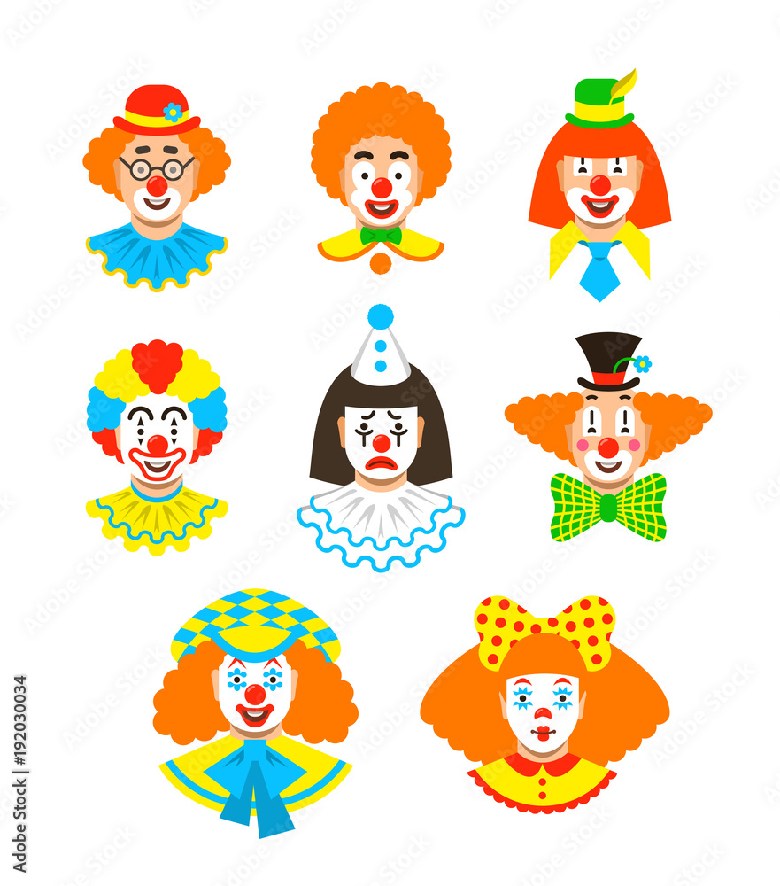 Clown faces different avatars. Vector flat icons. Cartoon illustration. Circus men and girl smiling portraits with different makeup, hair and hats.