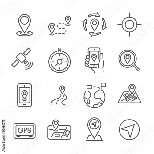 16 line icon location and place concept. editable stroke. vector illustration.