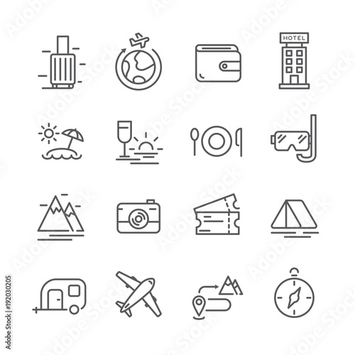 16 tourism line icon preparation for recreation. editable stroke. vector illustration.