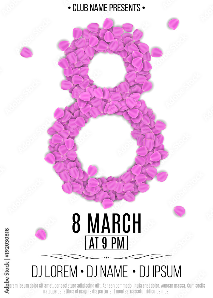 Template for party on March 8. Invitation card to the night club. Figure 8 of the purpe tulip petals. Women's Day. Names of the club and DJ. Vector illustration