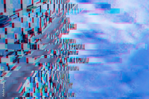 modern skyscraper on the blue sky background. Trendy Glitch effect