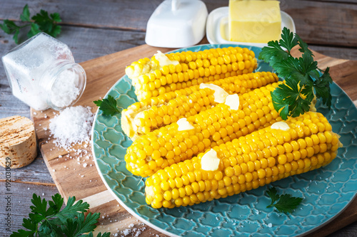 Boiled corn with butter and salt