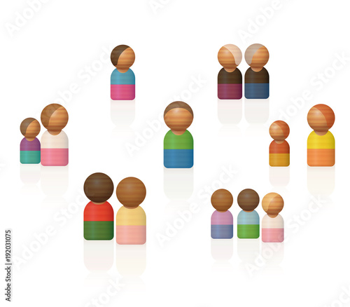 Family constellations. Therapeutic wooden toy figures representing relatives, friends and other important contacts. To be used as alternative therapeutic method to recognize and solve family problems.