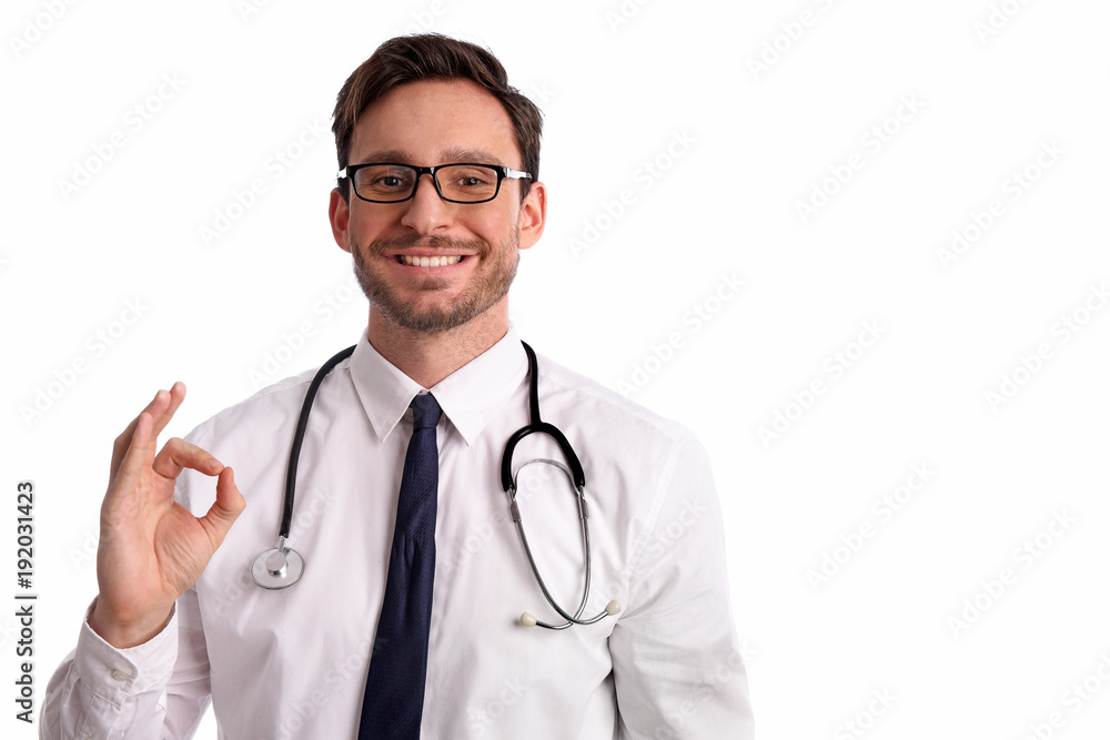 smart handsome bearded medical doctor in glasses with Stethoscope to listen to your heart isolated on white background