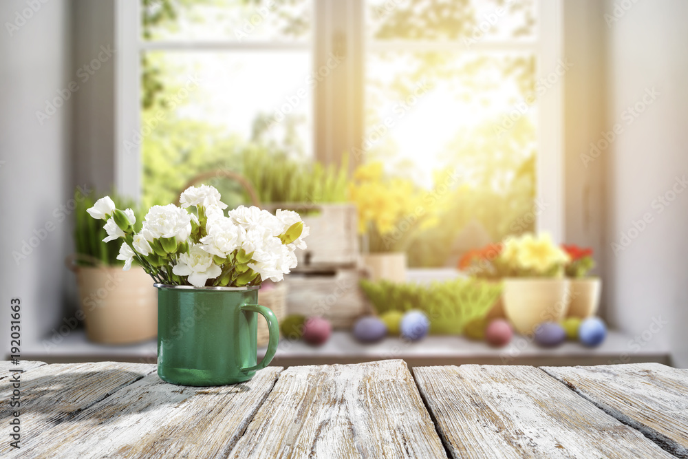 Easter table with spring flowers Easter table with spring flowers