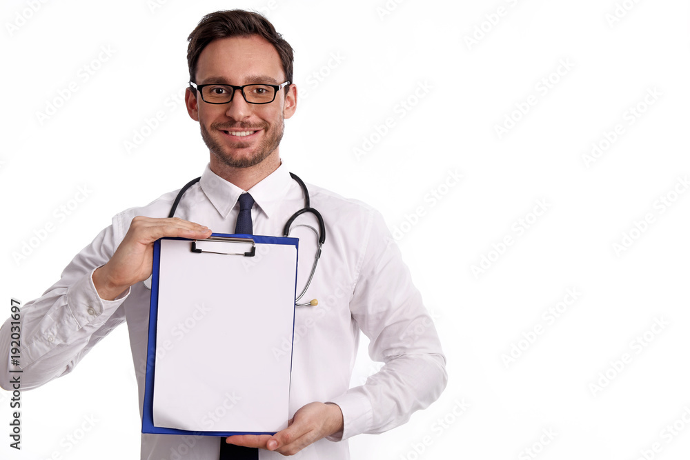 smart handsome bearded medical doctor in glasses with Stethoscope isolated on white background. Man from hospital with a Clipboard is ready to write something down smart handsome bearded medical doctor in glasses with Stethoscope isolated on white background. Man from hospital with a Clipboard is ready to write something down