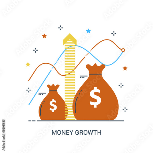 Flat line infographic icon concept of compound interest, funding, future income growth or revenue increase, banking. Red growing money bag. Bank vector icon.