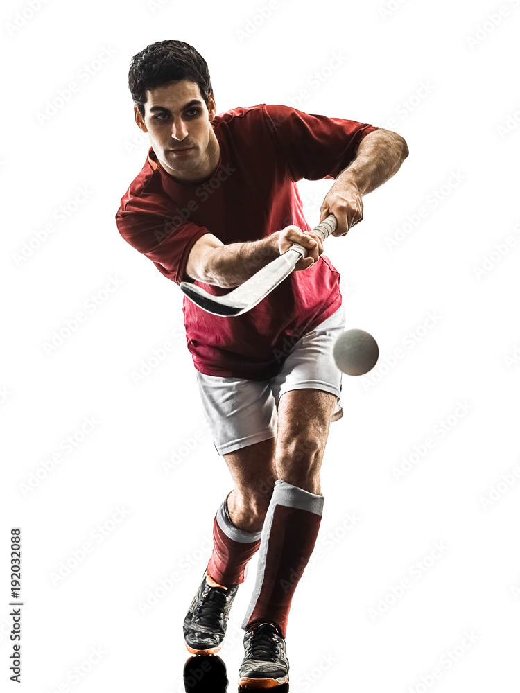 Naklejka premium one caucasian field hockey player man isolated silhouette on white background