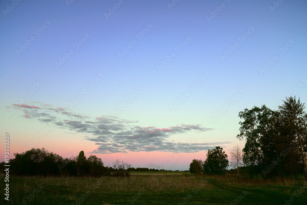 landscape, sky, sunset, field, grass, clouds, nature, green