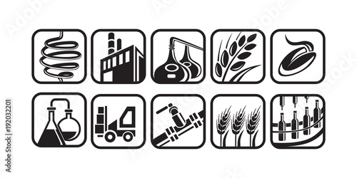 Set of distillery production icons. Vector illustration.