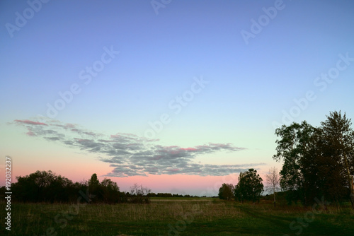 landscape, sky, sunset, field, grass, clouds, nature, green