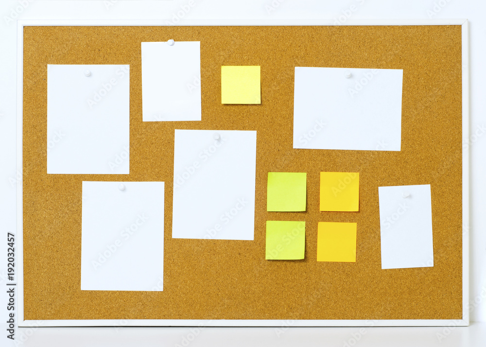 Items pinned to a cork message board with wood frame, for customized text or images. Yellow stick notes. Items pinned to a cork message board with wood frame, for customized text or images. Yellow stick notes.