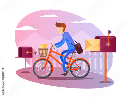 Postman on bicycle delivers letters