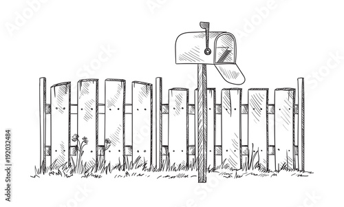 Wooden sketch fence with postbox. Vector illustration