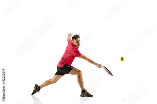 one caucasian man playing tennis player isolated on white background