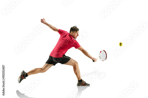 one caucasian man playing tennis player isolated on white background © master1305