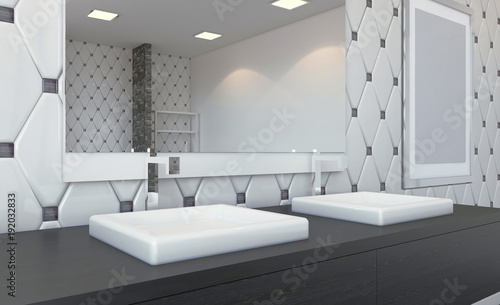 Scandinavian bathroom  classic  vintage interior design. 3D rendering. Empty paintings