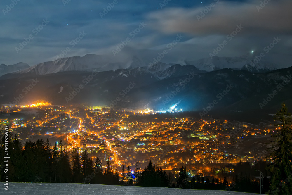 Fototapeta premium Zakopane at night - aerial view in winter